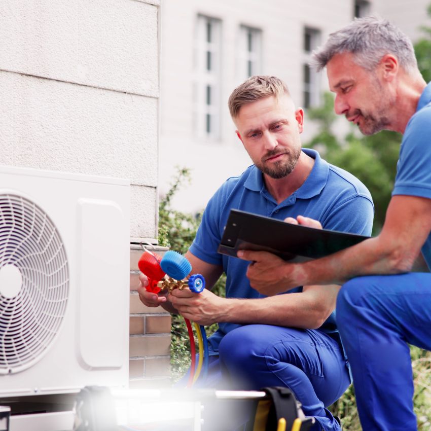 fotka 2 montaznikov klimatizacie v modrych monterkach