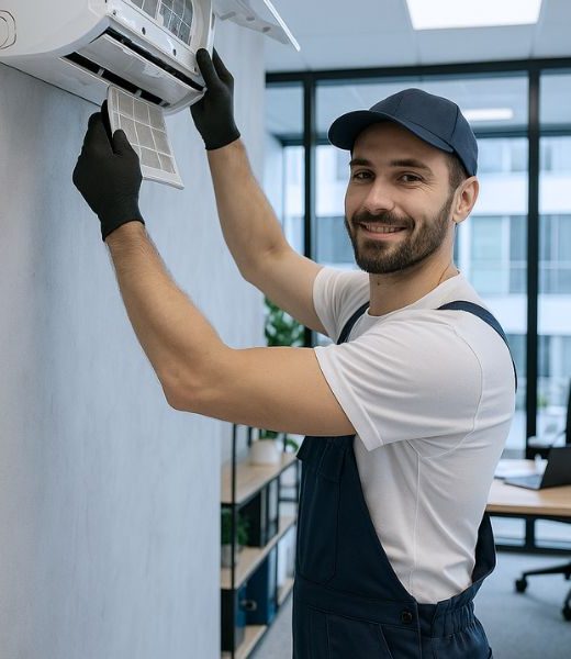 Monter klimatizacie vo firemnej kancelarii v bielom tricku, monterkách a ciapke